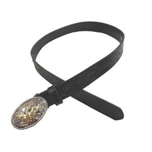 Nocona Leather Belt Boy Sz 28 Bull Rider Buckle Western Cowboy Black Tooled